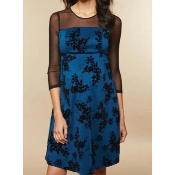 Motherhood Maternity Blue & Black Floral Mesh Overlay Dress Sheer Sleeves Empire - Picture 1 of 4